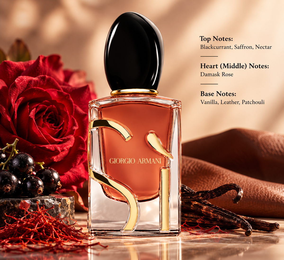 Giorgio Armani Sì perfume bottle in a luxurious warm setting with red Damask rose, blackcurrants, saffron and vanilla pods, reflecting its rich floral, fruity, vanilla, leather and patchouli composition.