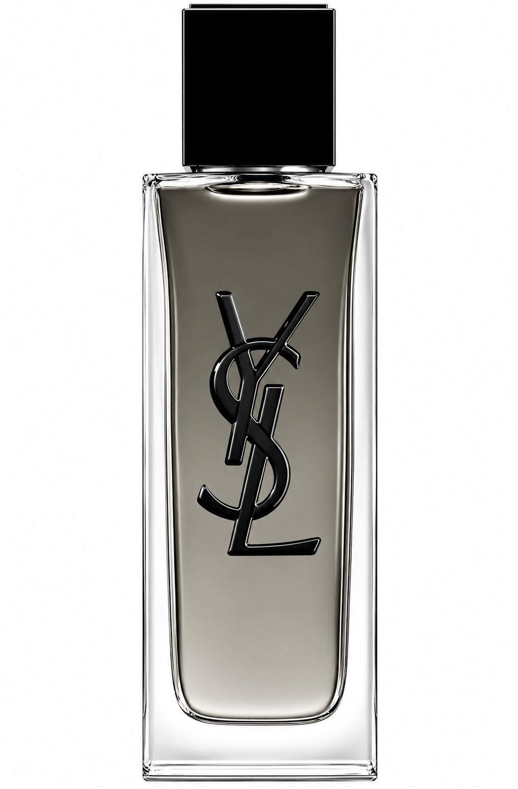 YSL MYSLF L’Absolu 60ml Parfum in a sleek rectangular glass bottle with smoky grey fragrance, glossy black cap and iconic black YSL Cassandre logo, presented on a clean white background.