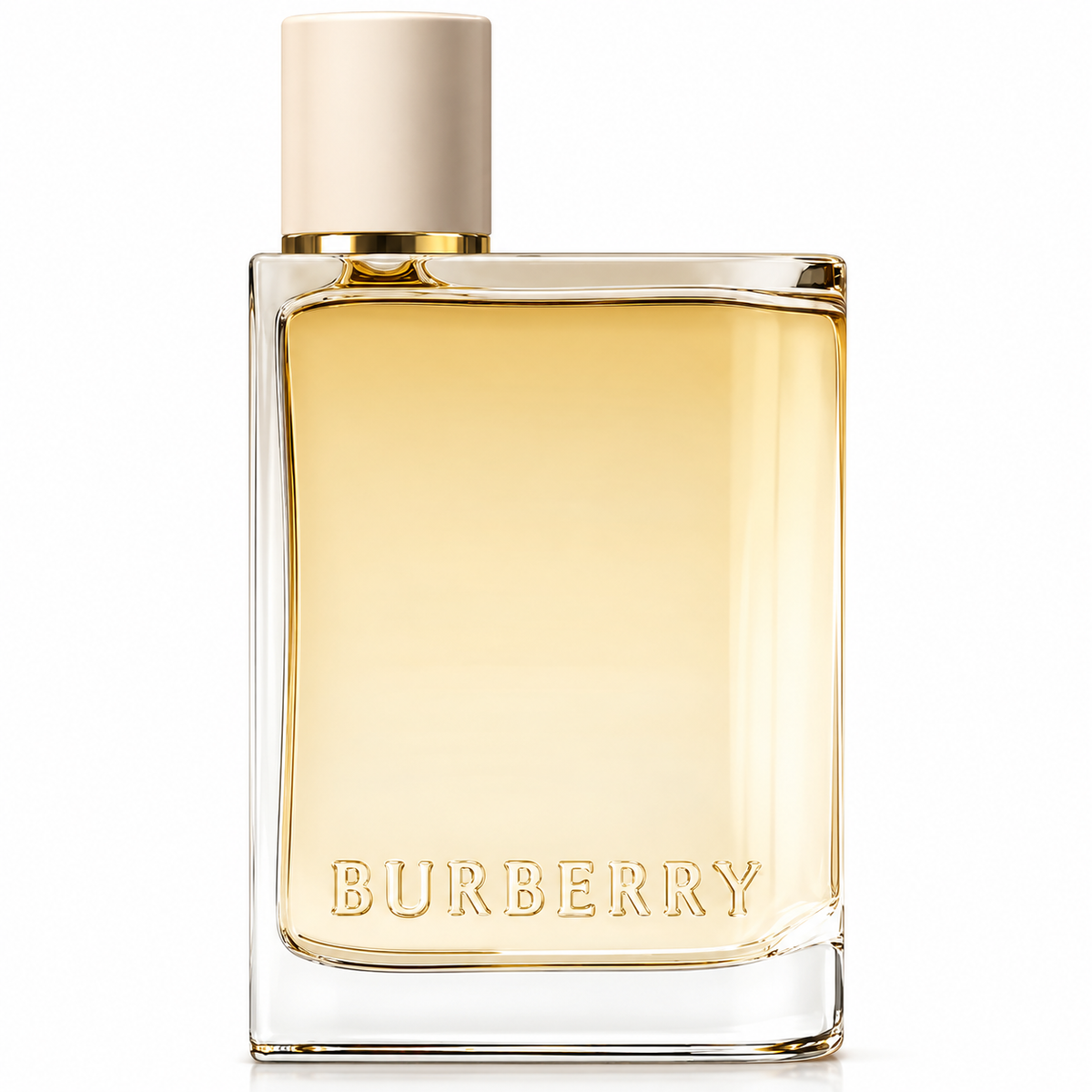 Burberry women's perfume in a clear rectangular glass bottle filled with golden fragrance, featuring an elegant ivory cap, gold neck detailing and embossed Burberry logo. Luxury floral fragrance photographed against a clean white background.