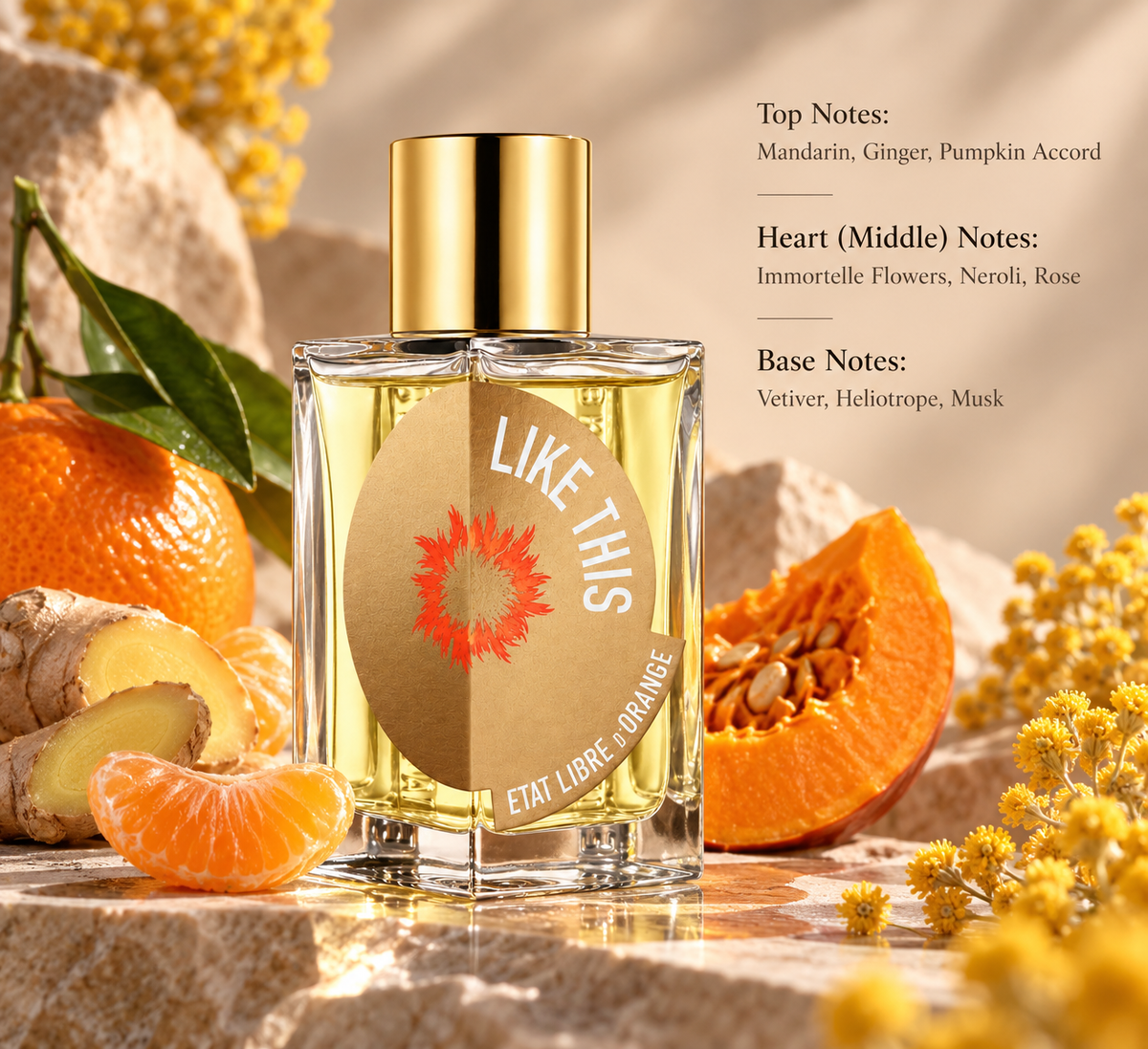 Etat Libre d’Orange Like This Eau de Parfum bottle displayed with mandarin, fresh ginger, pumpkin and immortelle flowers, highlighting its warm citrus, spicy, floral and softly musky fragrance profile.