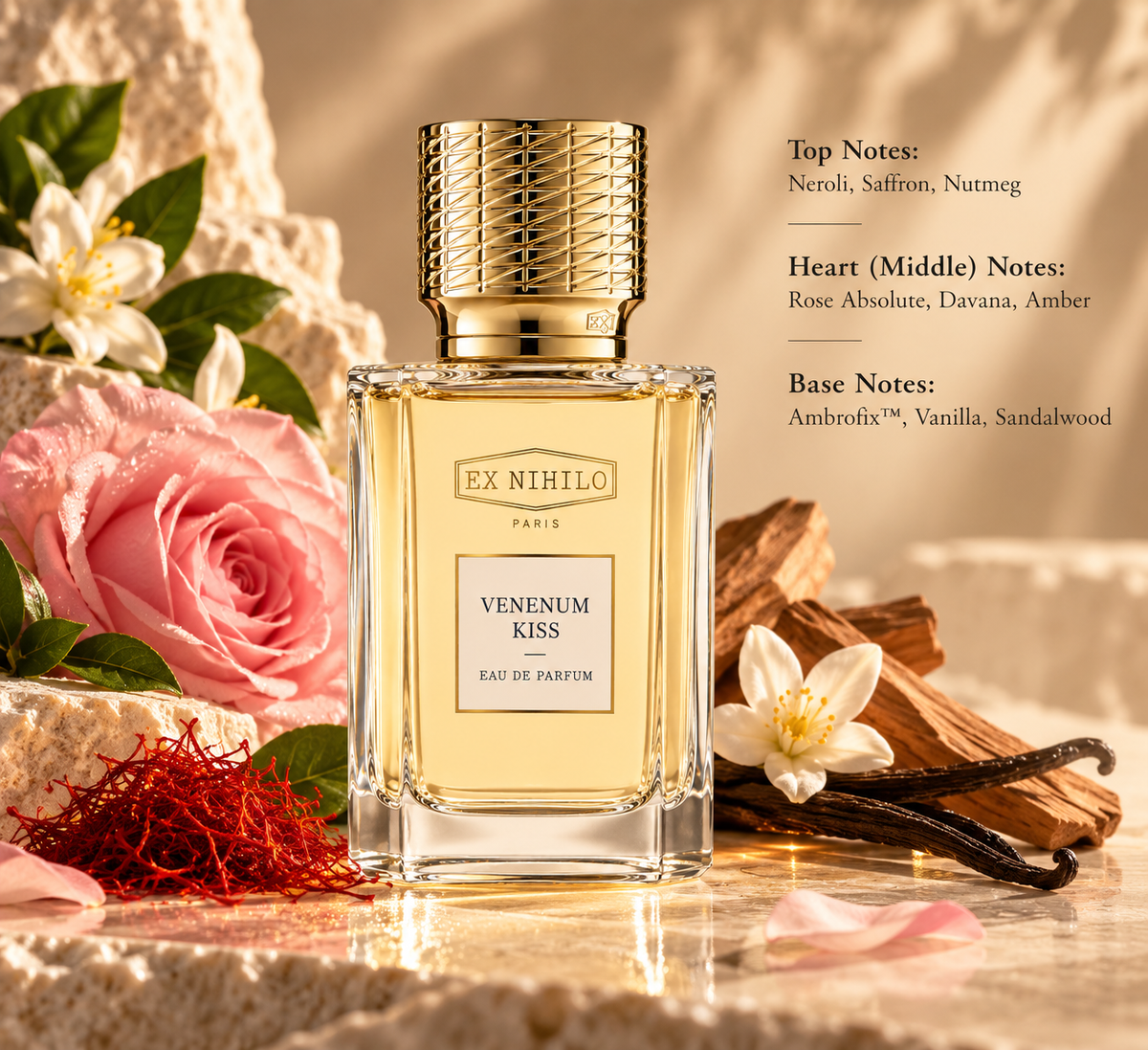 Ex Nihilo Venenum Kiss Eau de Parfum bottle surrounded by pink rose, neroli blossoms, saffron, vanilla and warm sandalwood, reflecting its luxurious floral, amber, spicy and creamy fragrance profile.
