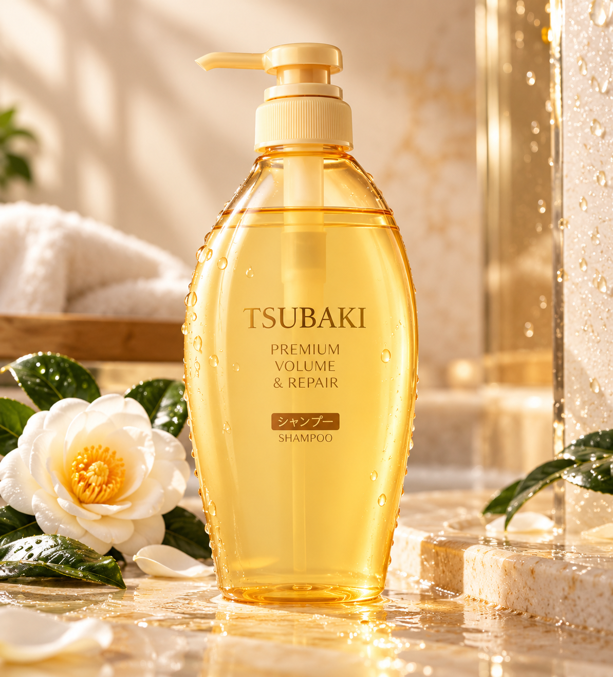 Tsubaki Premium Volume & Repair Shampoo in a transparent golden-yellow pump bottle with delicate water droplets, displayed on a warm beige marble surface surrounded by white camellia flowers, green leaves and soft towels. Japanese volumizing and repairing shampoo for damaged hair, presented in an elegant, luxurious haircare setting.