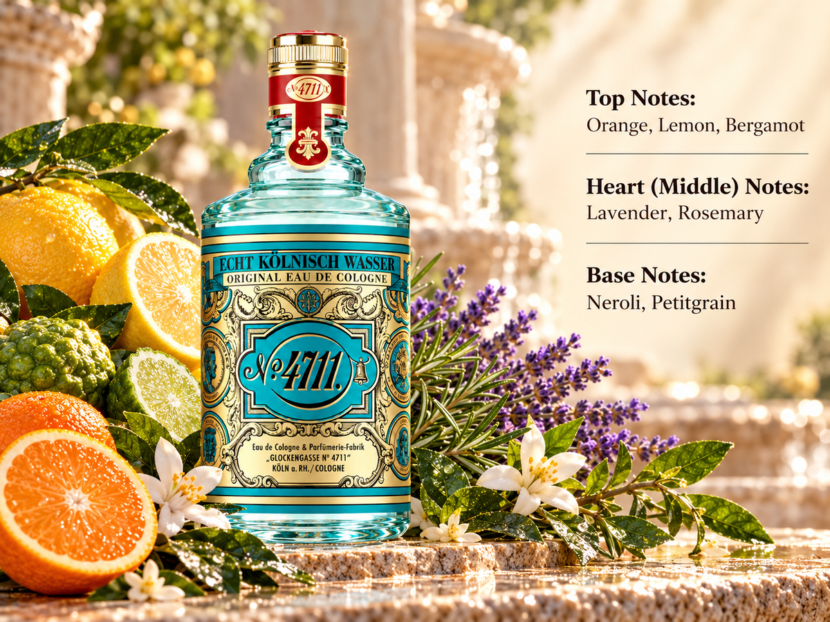 4711 Original Eau de Cologne bottle in a bright, elegant setting with fresh orange, lemon and bergamot, surrounded by lavender, rosemary and delicate neroli blossoms, reflecting its classic citrus, aromatic and refreshing fragrance profile.