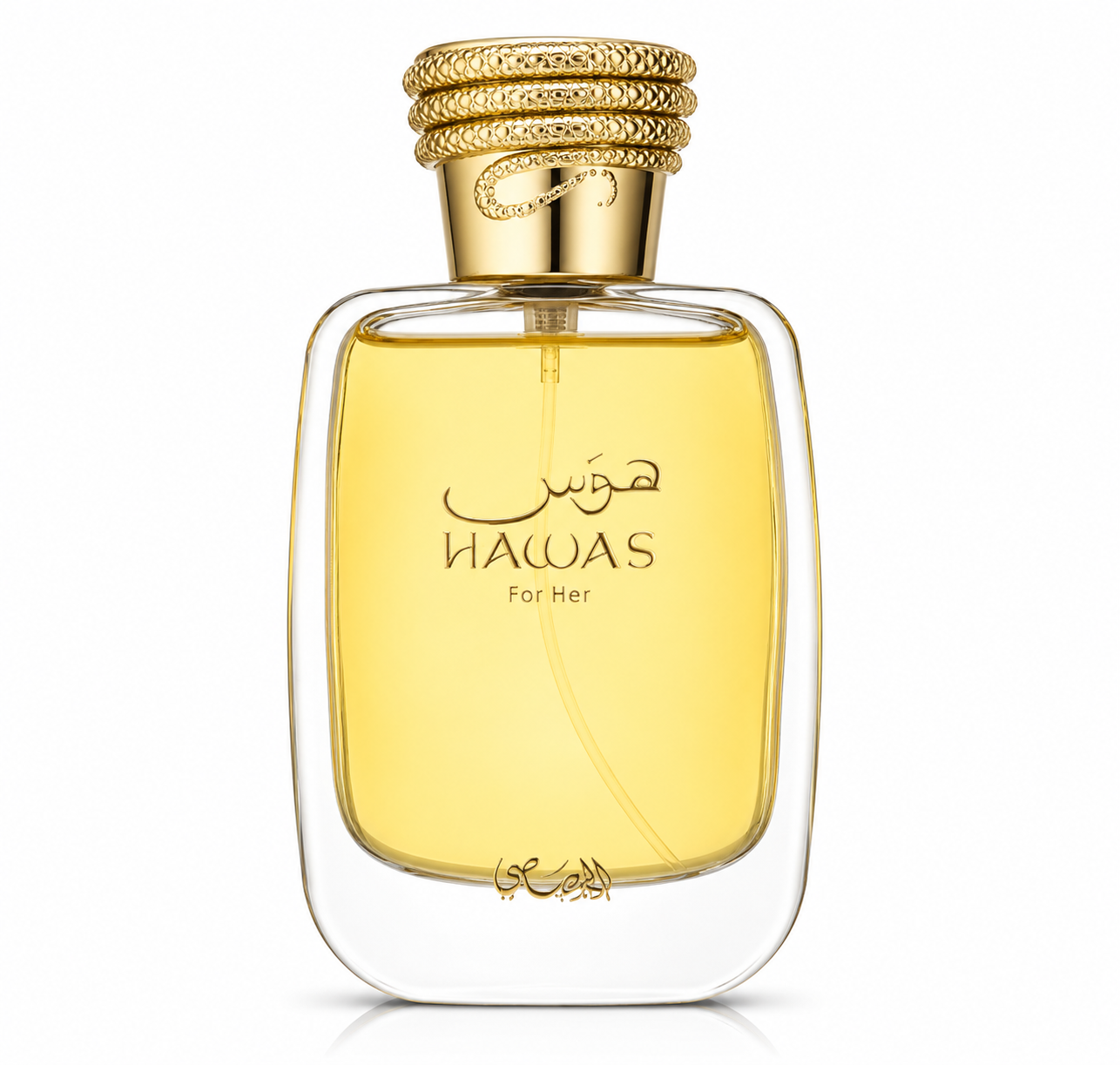 Rasasi Hawas For Her Eau de Parfum in its elegant transparent glass bottle filled with luminous golden fragrance, featuring an ornate gold cap with intricate braided detailing, isolated on a pristine white background with premium studio lighting, emphasizing the luxurious feminine design, crystal-clear glass and radiant golden accents.