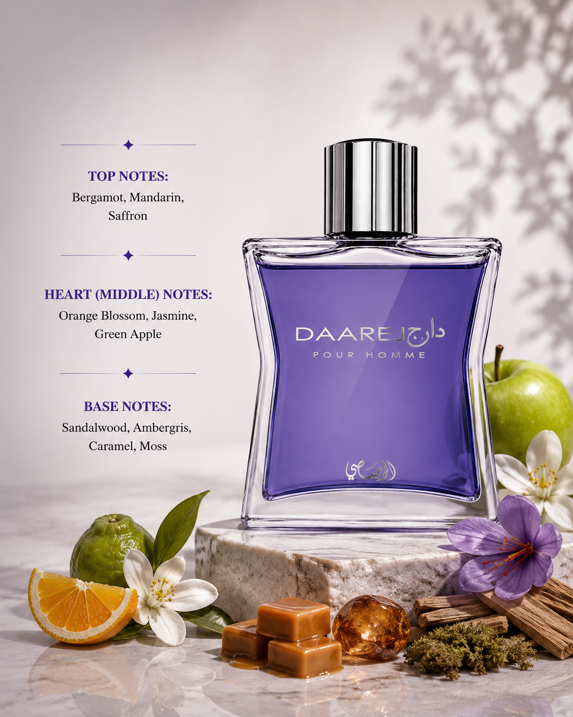 Rasasi Daarej Pour Homme Eau de Parfum displayed in a sophisticated luxury composition on a polished marble pedestal, surrounded by fresh bergamot, juicy mandarin, vibrant saffron threads, orange blossoms, jasmine flowers, crisp green apples, creamy sandalwood, golden ambergris-inspired resin, smooth caramel cubes and soft green moss, illuminated by warm natural light with elegant botanical shadows to reflect the fragrance's fresh citrus opening, refined floral-fruity heart and warm woody gourmand base.
