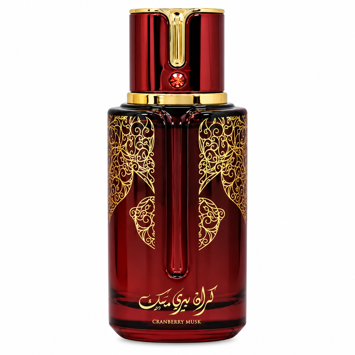 Arabiyat Prestige Cranberry Musk 100ml EDP, featuring a deep ruby-red glass bottle with ornate gold detailing, a jewel-accented red and gold cap, presented cleanly against a pristine white background.