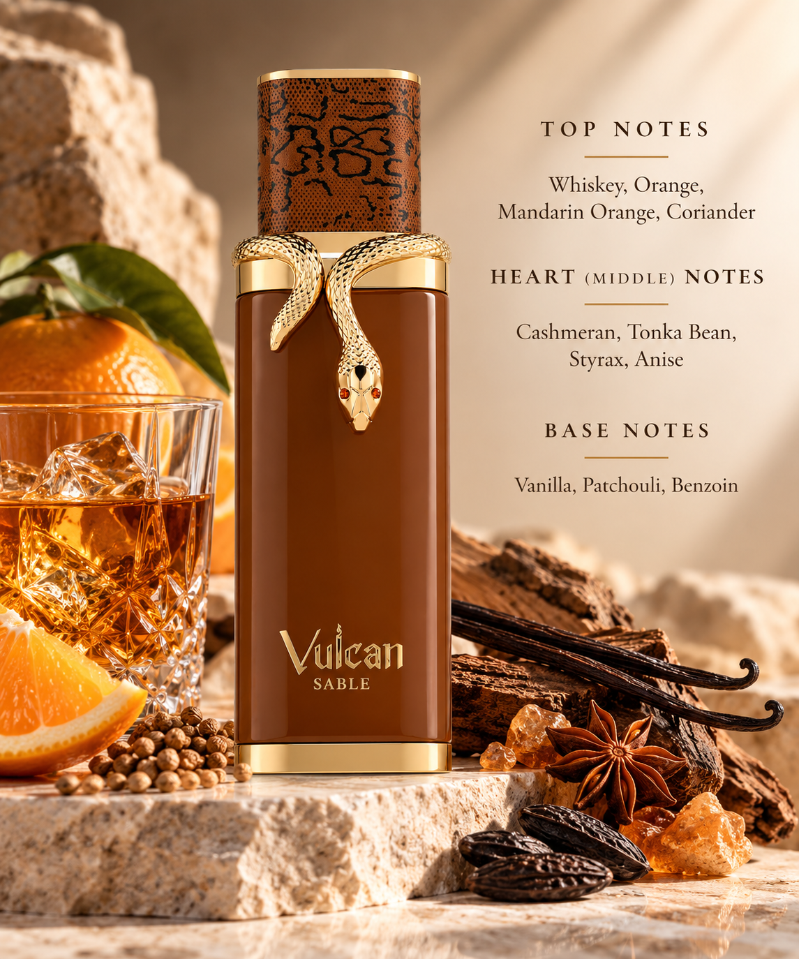 French Avenue Vulcan Sable presented in a warm, luxurious gourmand-amber setting. Whiskey, orange, mandarin orange and coriander create a rich opening, followed by cashmeran, tonka bean, styrax and anise, while vanilla, patchouli and benzoin form a deep, smooth and sensual base.