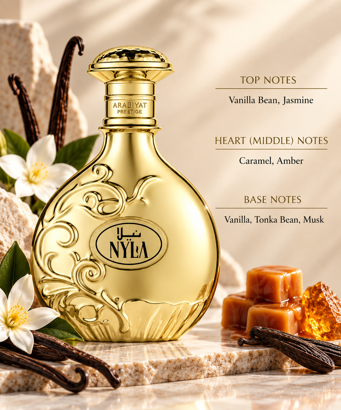 Arabiyat Prestige Nyla Vani-Elle 80ml Eau de Parfum with notes of vanilla bean, jasmine, caramel, amber, vanilla, tonka bean and musk, presented with vanilla pods, white flowers, caramel and amber accents.