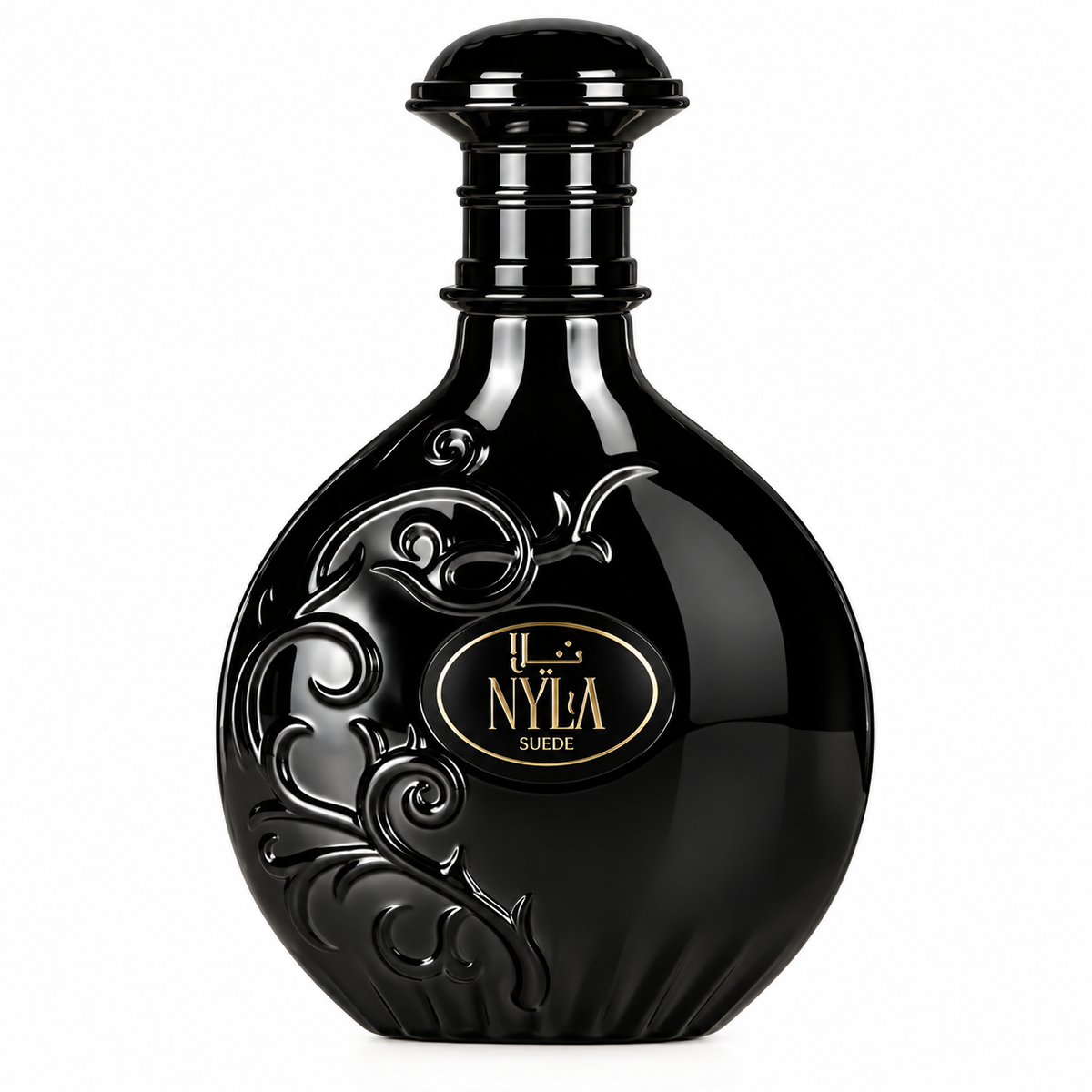 Arabiyat Prestige Nyla Suede 80ml EDP, featuring an elegant glossy black rounded bottle with sculpted ornamental detailing, a refined gold-trimmed nameplate and matching black cap, presented against a pristine white background.