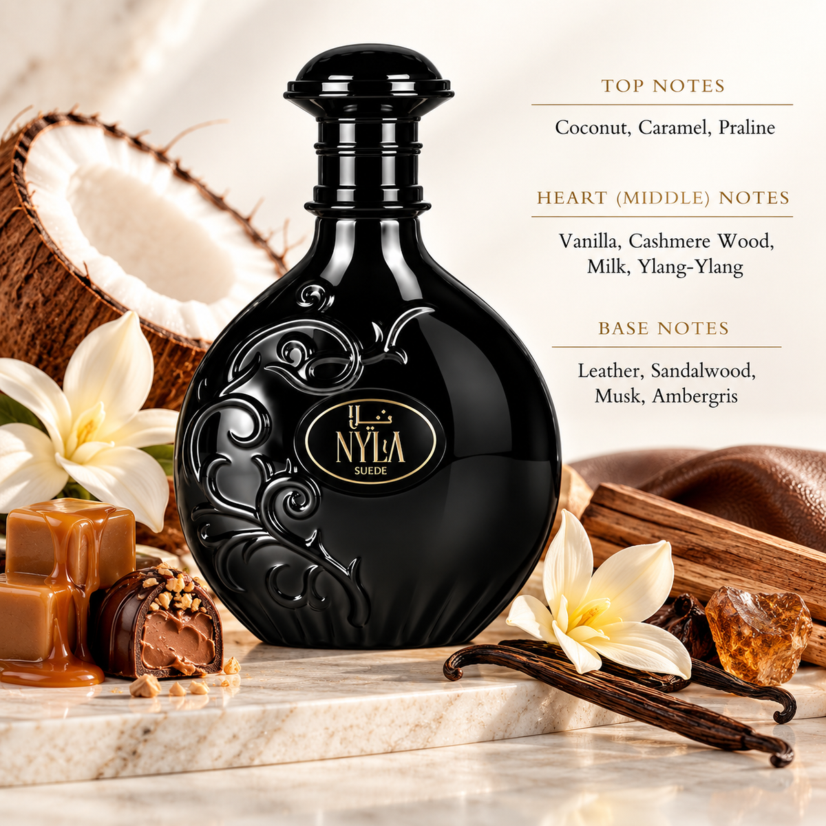 Arabiyat Prestige Nyla Suede presented in a rich, sophisticated gourmand setting inspired by its creamy and sensual composition. Coconut, caramel and praline create an indulgent opening, followed by vanilla, cashmere wood, milk and ylang-ylang. Leather, sandalwood, musk and ambergris form a warm, smooth and sophisticated base.