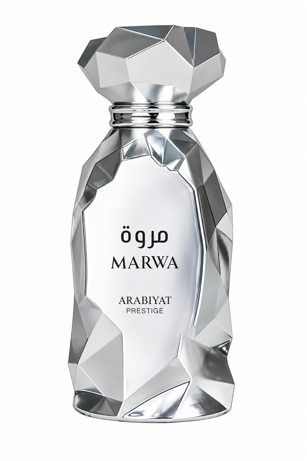 Arabiyat Prestige Marwa 100ml EDP, featuring a striking faceted silver bottle with a sculptural crystal-like silhouette, polished metallic finish and geometric cap, presented against a pristine white background.
