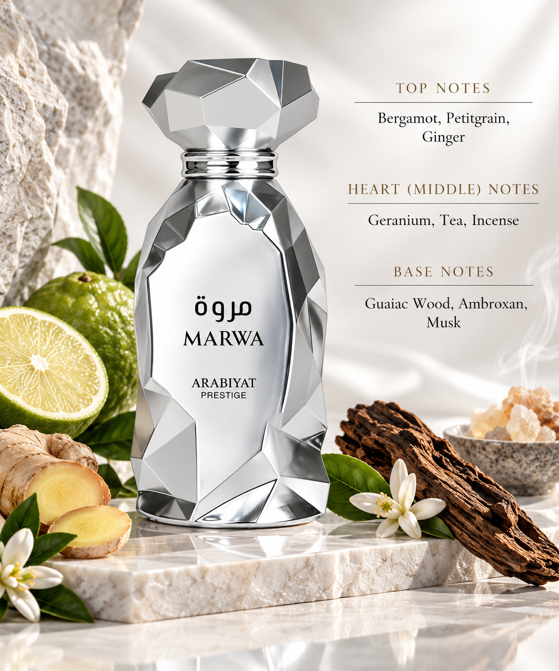 Arabiyat Prestige Marwa presented in a refined, fresh and woody setting inspired by its aromatic composition. Bergamot, petitgrain and ginger create a bright, invigorating opening, followed by geranium, tea and incense. Guaiac wood, ambroxan and musk form a smooth, warm and sophisticated base.