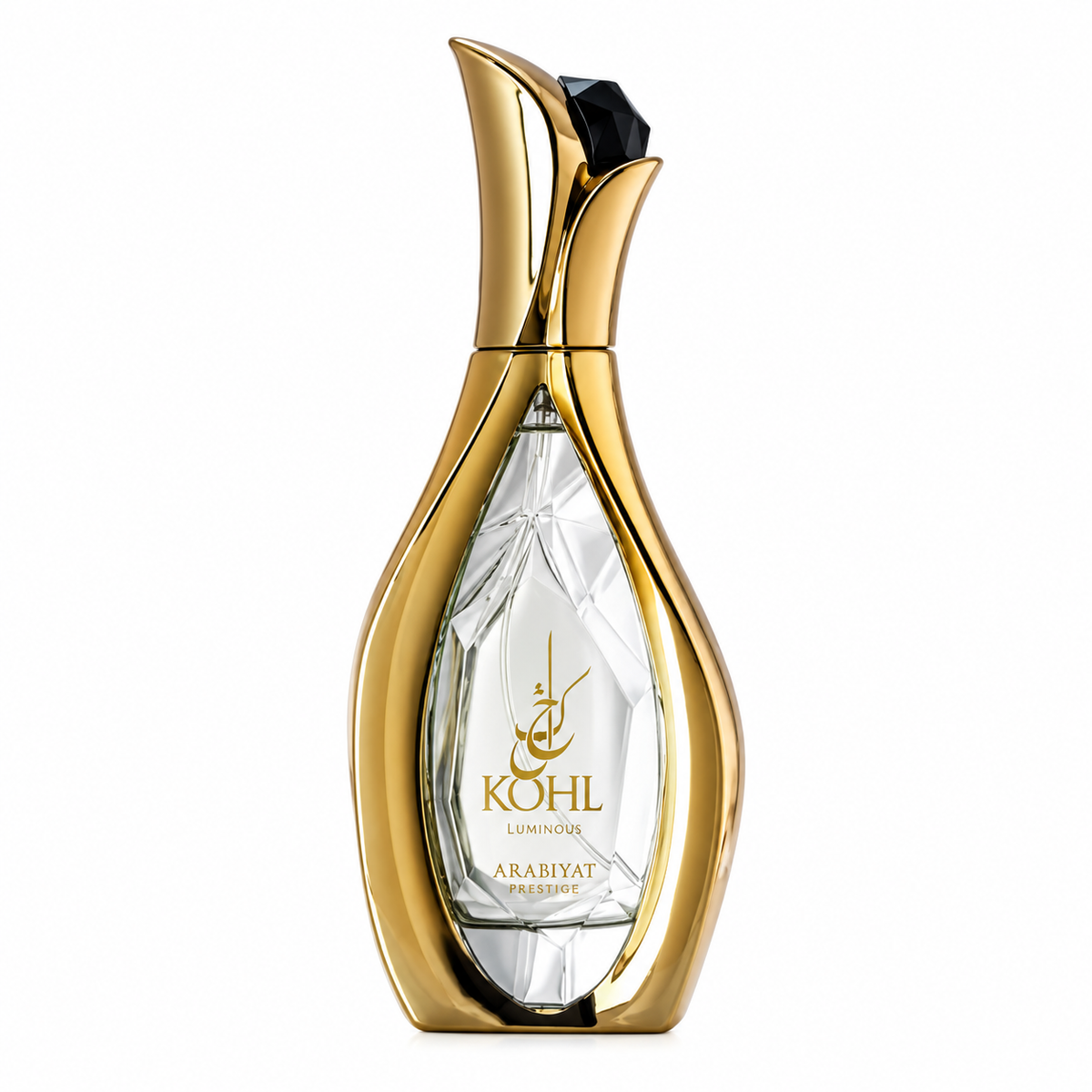 Arabiyat Prestige Kohl Luminous 100ml EDP, featuring a sculptural crystal-clear bottle framed by flowing polished gold elements and finished with a faceted black accent, presented against a pristine white background.