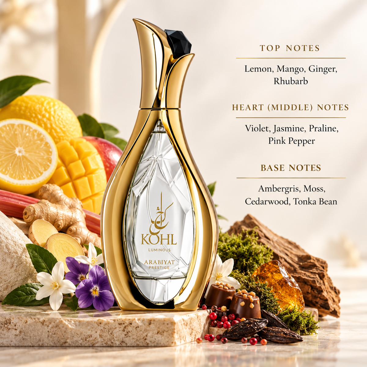 Arabiyat Prestige Kohl Luminous presented in a bright, luxurious setting inspired by its vibrant fruity, floral and woody composition. Lemon, mango, ginger and rhubarb create a lively opening, followed by violet, jasmine, praline and pink pepper. Ambergris, moss, cedarwood and tonka bean form a warm, refined base.