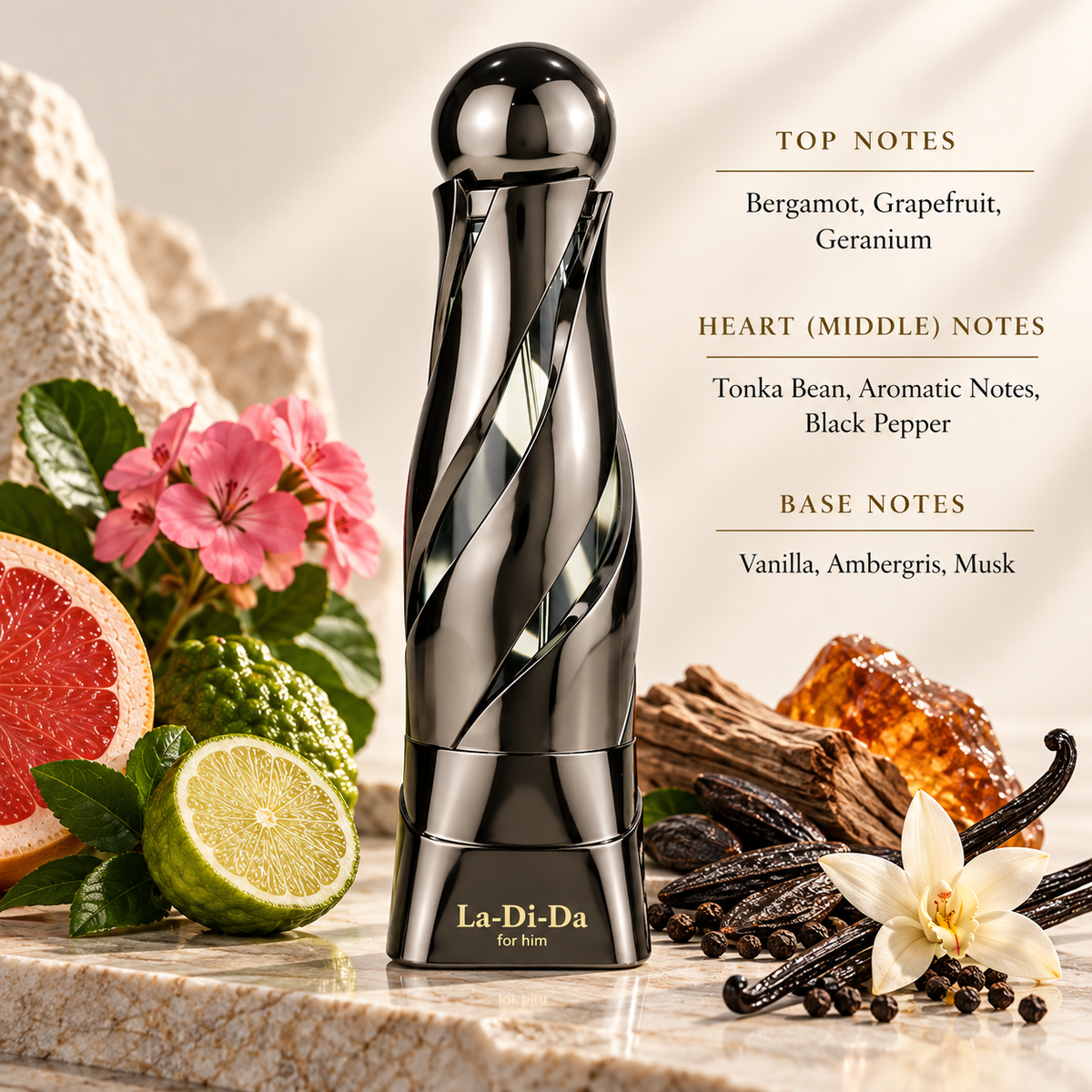 Arabiyat Prestige La Di Da Homme presented in a refined masculine setting inspired by its fresh, aromatic and warm composition. Bergamot, grapefruit and geranium create a vibrant opening, followed by tonka bean, aromatic notes and black pepper. Vanilla, ambergris and musk provide a smooth, sensual finish.
