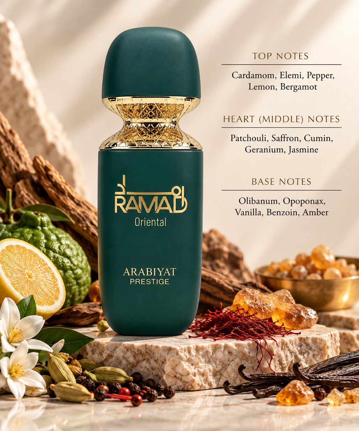 Arabiyat Prestige Ramad Oriental 100ml Eau de Parfum with notes of cardamom, elemi, pepper, lemon, bergamot, patchouli, saffron, cumin, geranium, jasmine, olibanum, opoponax, vanilla, benzoin and amber.