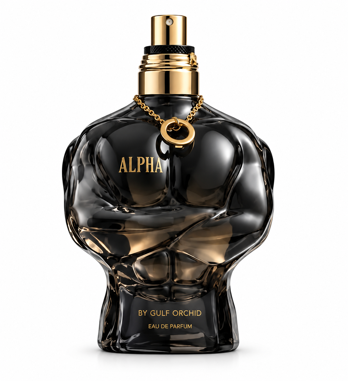 Gulf Orchid Alpha Eau de Parfum featuring a bold, masculine torso-shaped bottle in glossy smoky black glass, with a luxurious gold spray nozzle, decorative gold chain and Alpha branding. Premium men's fragrance photographed against a clean white background.