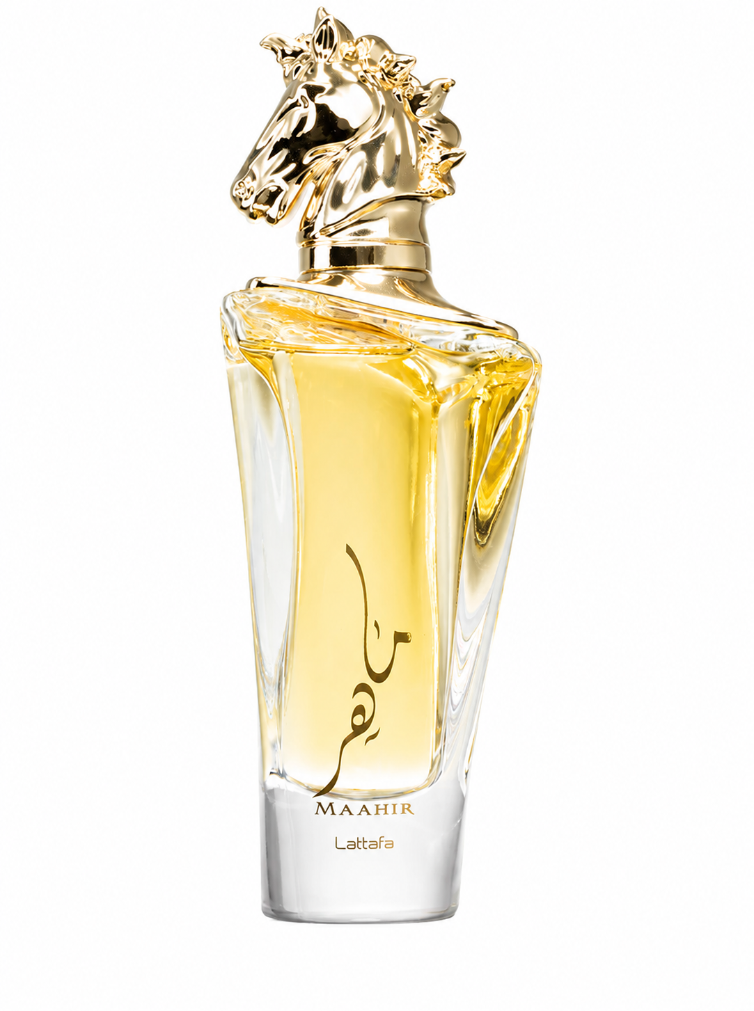 Lattafa Maahir Eau de Parfum in an elegant clear glass bottle with golden fragrance liquid and a distinctive gold horse-head cap, presented on a clean white background. Premium oriental fragrance showcased in a high-resolution studio product image.