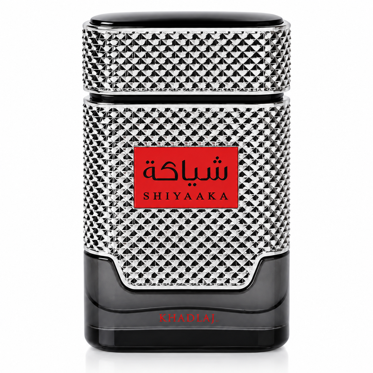 Khadlaj Shiyaaka Men perfume presented in a striking black, silver and red bottle with intricate geometric detailing, bold Arabic-inspired branding and a sophisticated masculine design against a clean white background.