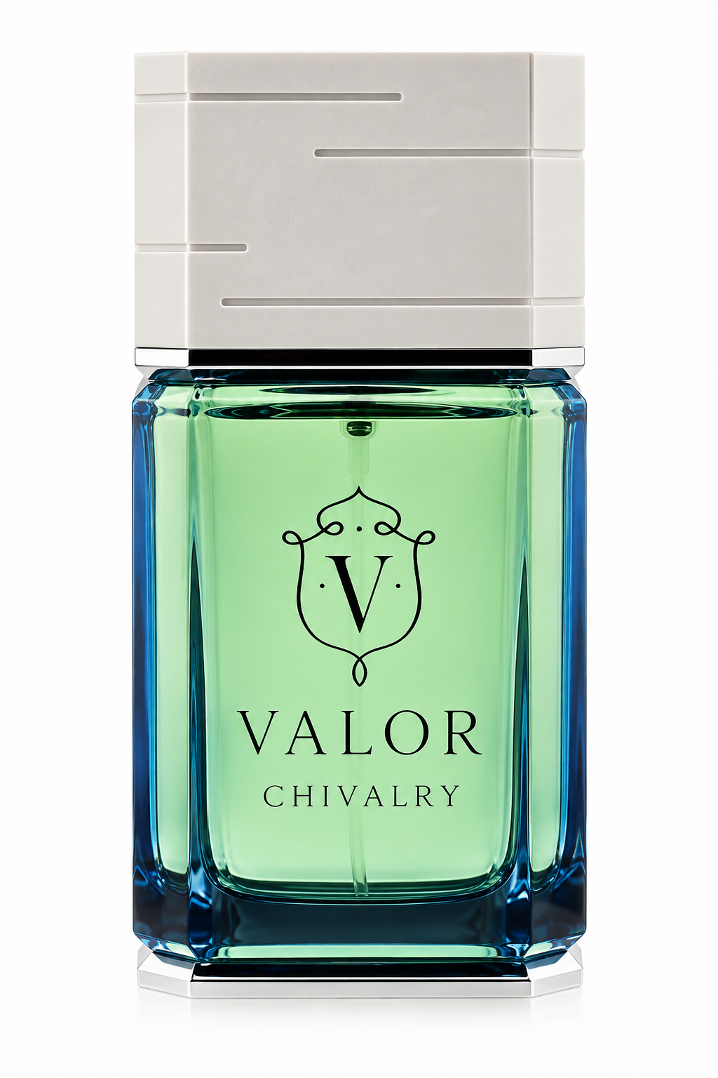Khadlaj Valor Chivalry perfume presented in a sleek rectangular bottle with fresh green liquid, deep blue glass edges, a sculpted ivory cap and refined black branding against a clean white background.