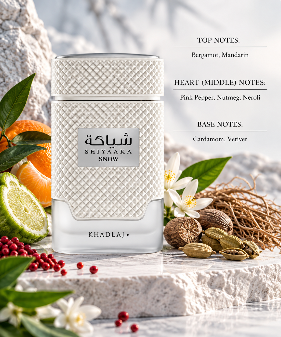 Khadlaj Shiyaaka Snow styled in a crisp, refreshing setting with bergamot and mandarin, accented by pink pepper, nutmeg and neroli, while cardamom and vetiver create a fresh, aromatic and sophisticated finish.