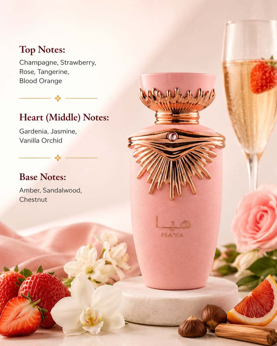 Lattafa Haya Eau de Parfum showcased in an elegant luxury fragrance composition featuring champagne, strawberry, rose, tangerine, blood orange, gardenia, jasmine, vanilla orchid, amber, sandalwood, and chestnut-inspired elements. The sophisticated soft pink bottle with rose gold detailing is presented in a refined setting that highlights its sparkling fruity, floral, creamy, and warm woody character.