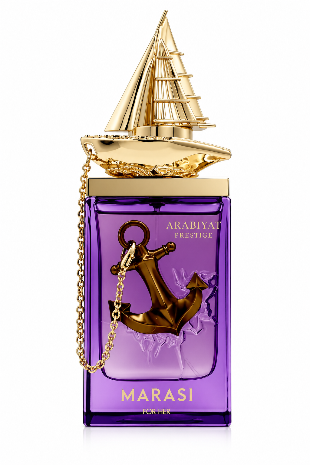 Arabiyat Prestige Marasi For Her 100ml Eau de Parfum in a striking purple glass bottle with luxurious gold accents, decorative anchor and chain detailing, and an ornate gold sailing boat cap, presented on a clean white background.