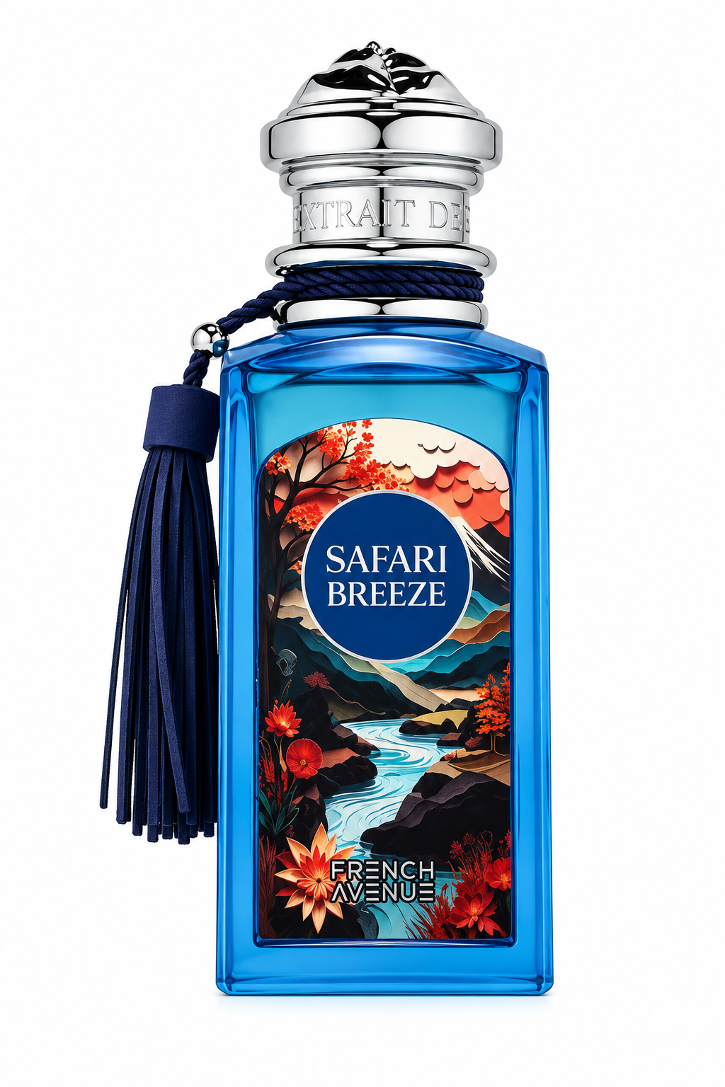 French Avenue Safari Breeze 100ml Extrait de Parfum, presented in a striking vivid blue glass bottle with polished silver detailing, navy tassel and an intricate landscape-inspired label, isolated on a pristine white background.