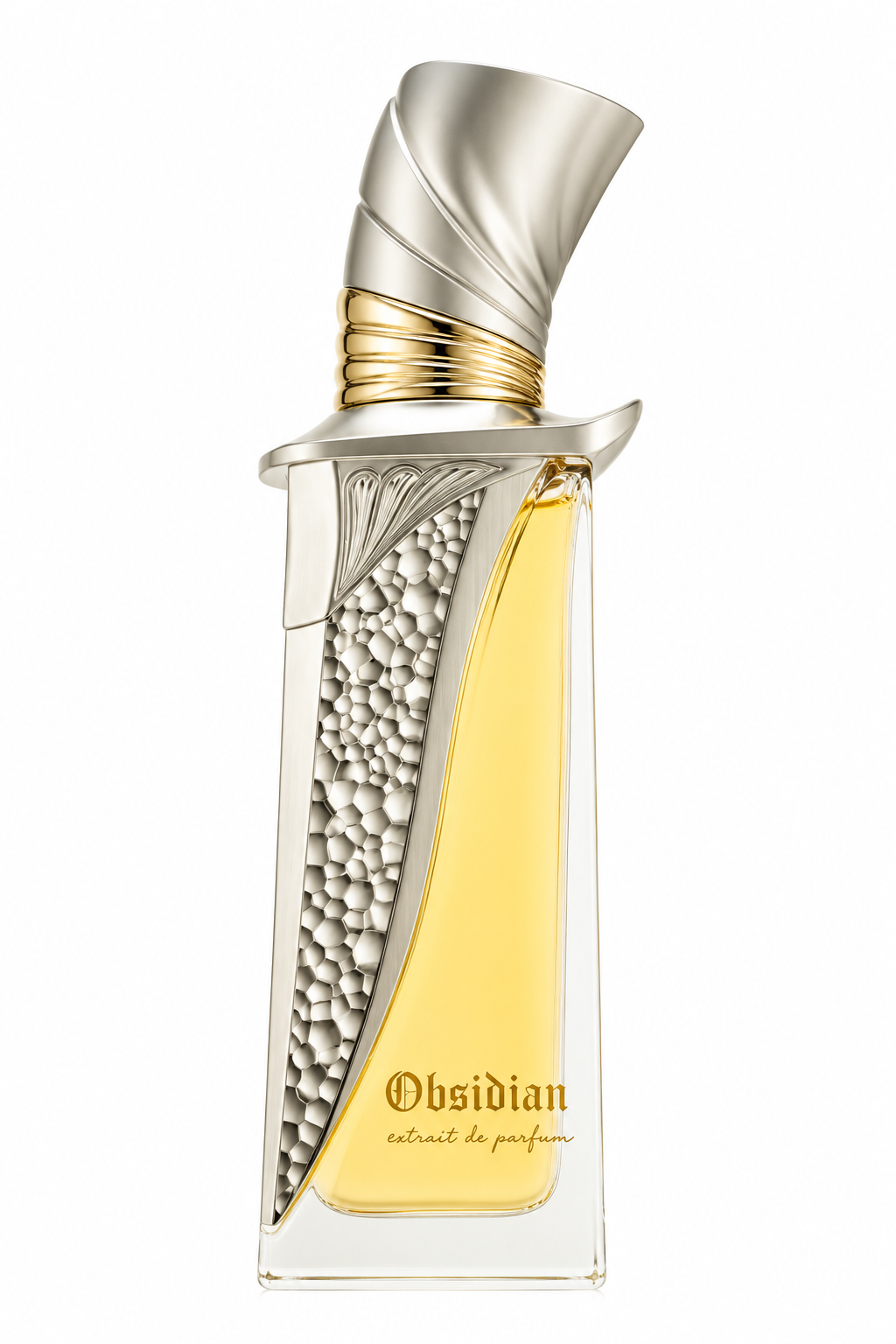 French Avenue Obsidian Extrait De Parfum 100ml, featuring its distinctive sculptural bottle with warm golden fragrance, elegant silver-toned textured detailing, gold accents and a twisted metallic cap, isolated on a clean white background.