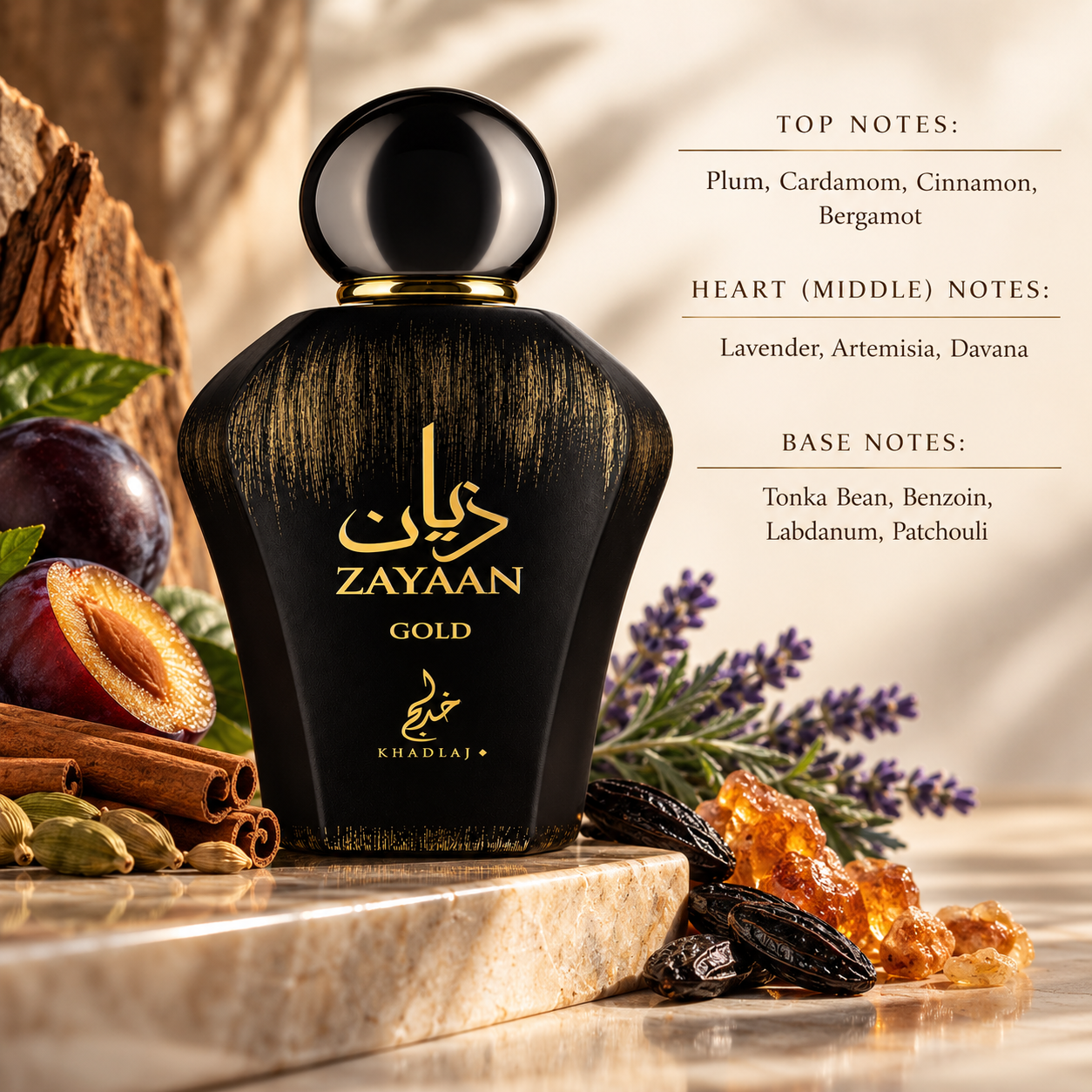 Khadlaj Zayaan Gold styled in a warm, sophisticated setting with plum, cardamom, cinnamon and bergamot, complemented by aromatic lavender, artemisia and davana, while tonka bean, benzoin, labdanum and patchouli create a rich, deep and sensual base.