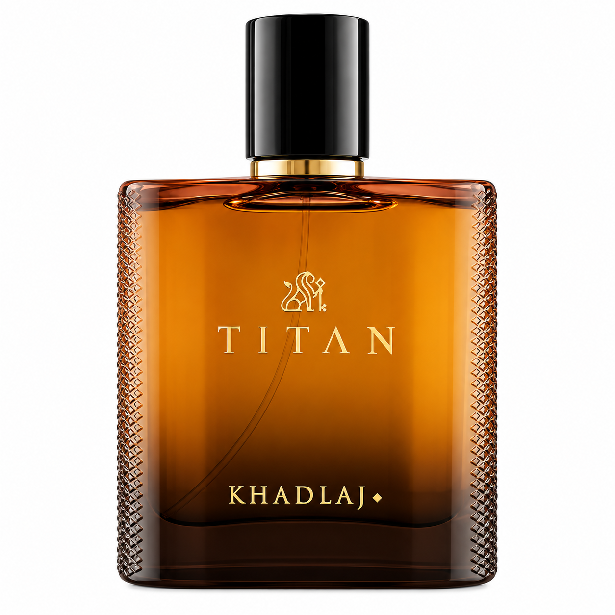 Khadlaj Titan perfume presented in a sophisticated amber-brown glass bottle with textured side detailing, refined gold branding and a sleek glossy black cap against a clean white background.