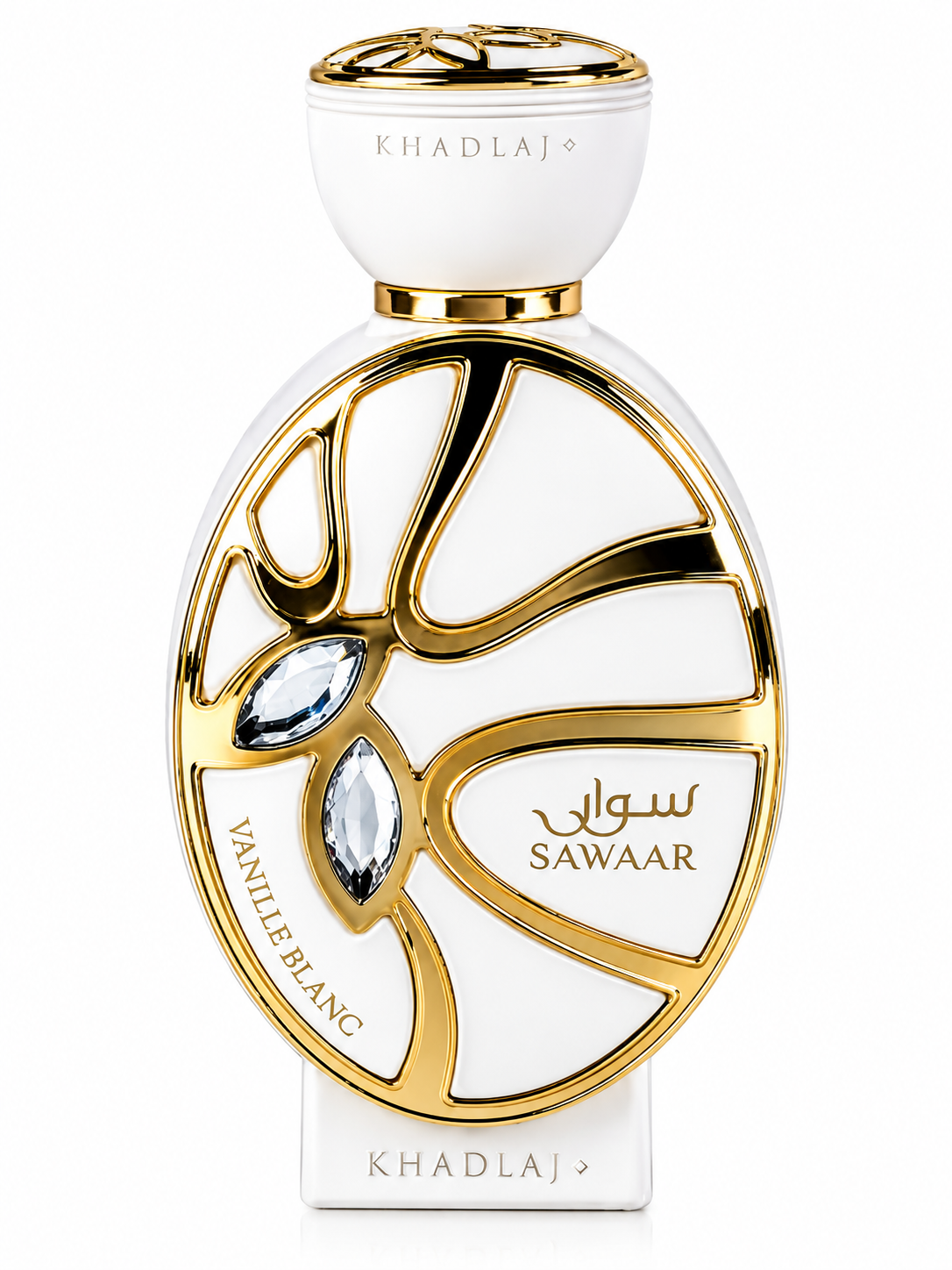 Khadlaj Sawaar Vanille Blanc perfume presented in an elegant white bottle with intricate polished gold detailing, crystal-like accents and refined Arabic-inspired design, photographed against a clean white background.