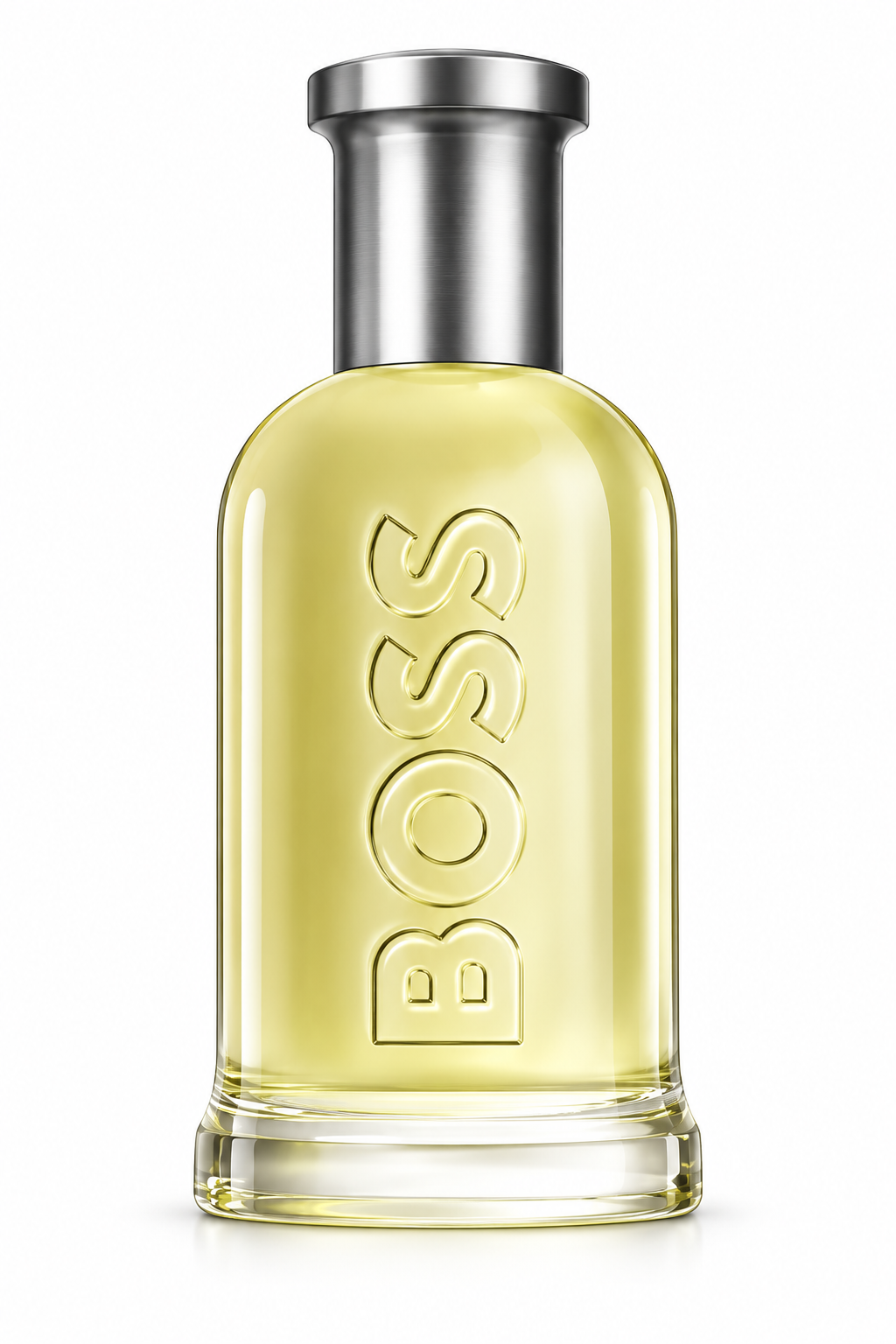 Hugo Boss Bottled men's perfume in a transparent glass bottle filled with pale golden fragrance, featuring embossed vertical BOSS lettering and a brushed silver cap. Clean, elegant product photography on a pure white background, highlighting the classic bottle design.