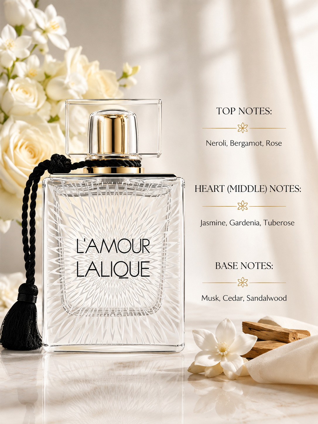 Lalique L'Amour Eau de Parfum displayed in a refined luxury composition on a polished natural marble surface, surrounded by blooming neroli blossoms, fresh bergamot, white roses, jasmine flowers, creamy gardenia, elegant tuberose, soft white musk-inspired textiles, cedarwood pieces and smooth sandalwood. Warm natural sunlight filters through delicate botanical shadows, creating an airy, luminous and romantic atmosphere.