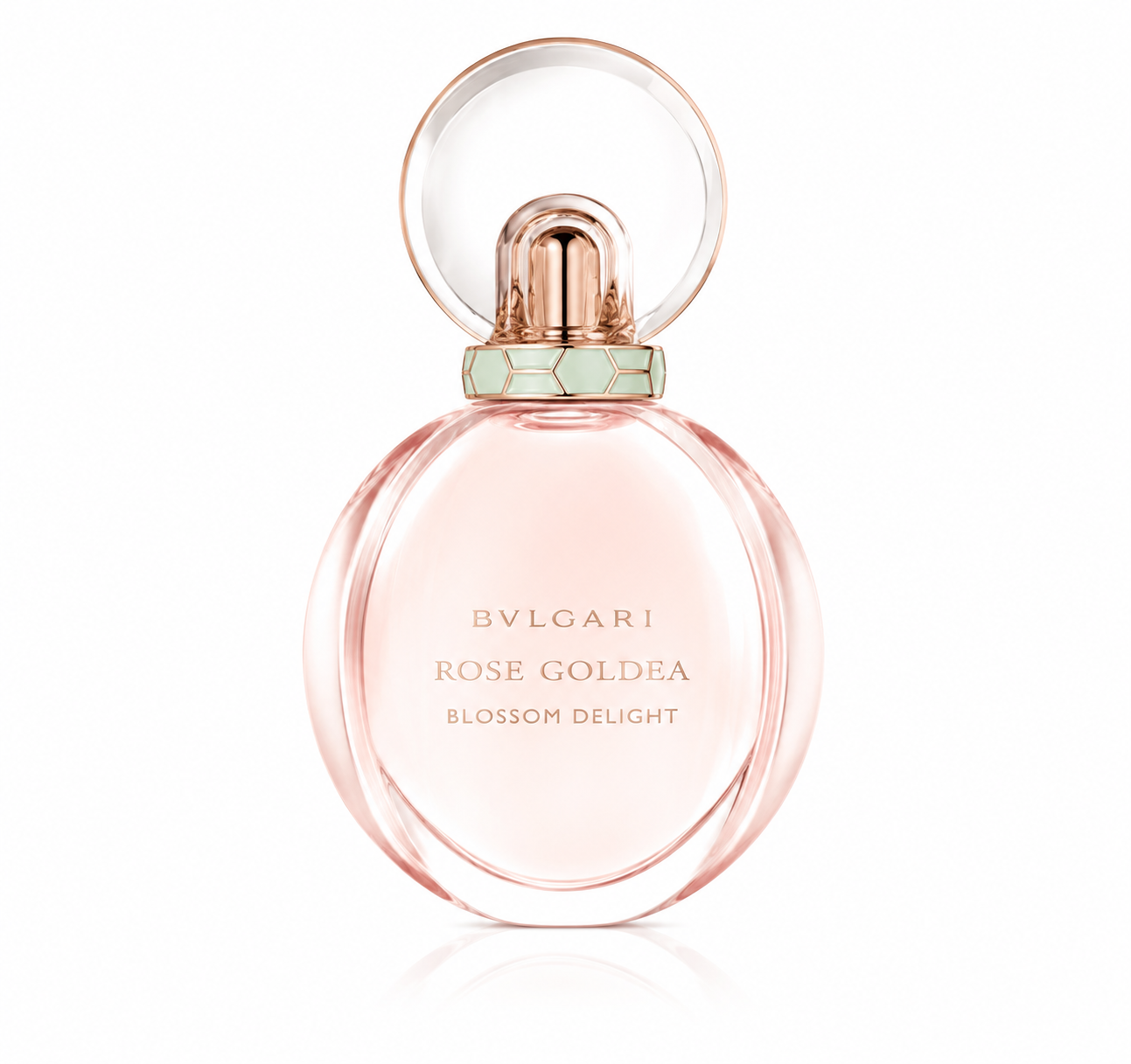Bvlgari Rose Goldea Blossom Delight 75ml Eau de Parfum for Women in an elegant blush pink glass bottle, isolated on a pure white background.