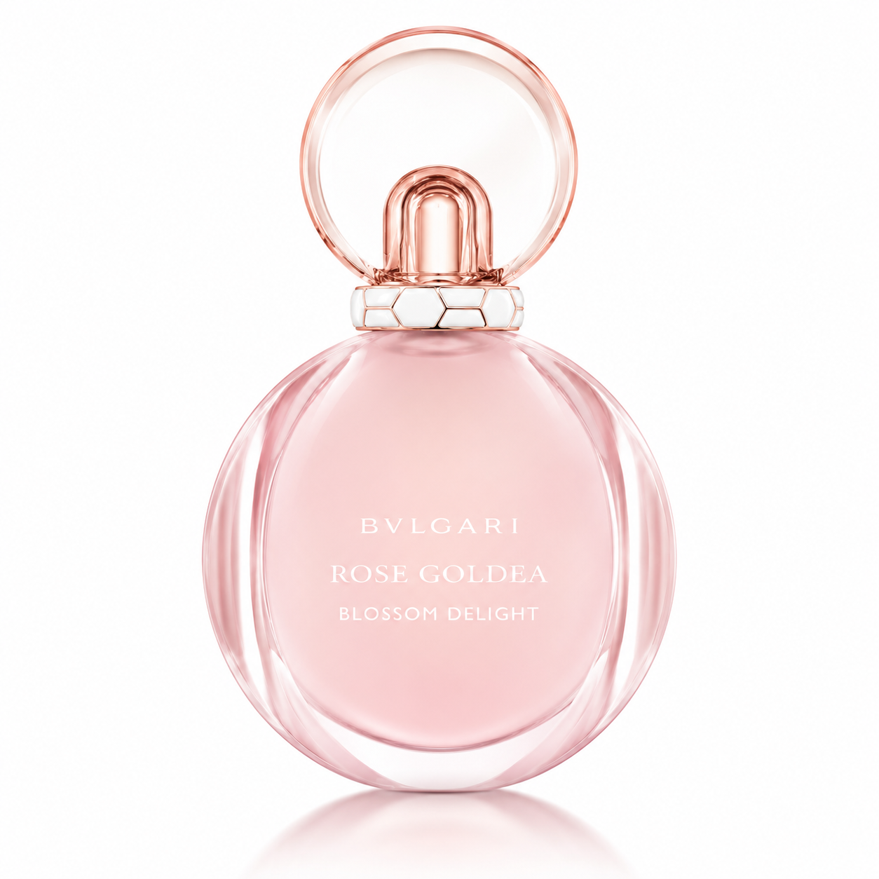 Bvlgari Rose Goldea Blossom Delight 75ml Eau de Toilette for Women in an elegant blush pink glass bottle, isolated on a pure white background.