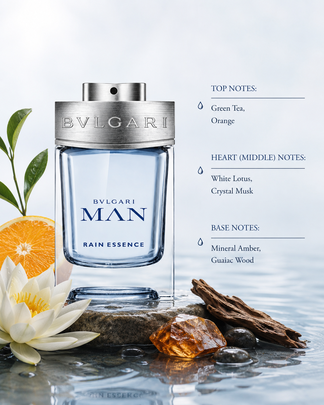 Bvlgari Man Rain Essence 100ml Eau de Parfum for Men displayed with green tea, orange, white lotus, guaiac wood and mineral amber, highlighting its fresh woody aquatic fragrance.