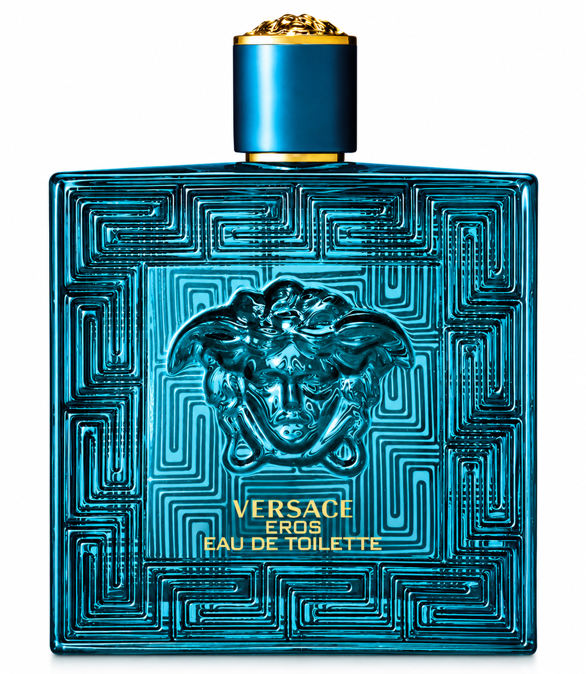 Versace Eros 200ml Eau de Toilette for Men presented in its iconic turquoise-blue glass bottle with intricate Greek key detailing, sculpted Medusa emblem, gold lettering and deep blue cap with luxurious gold accents, photographed against a clean pure white background.