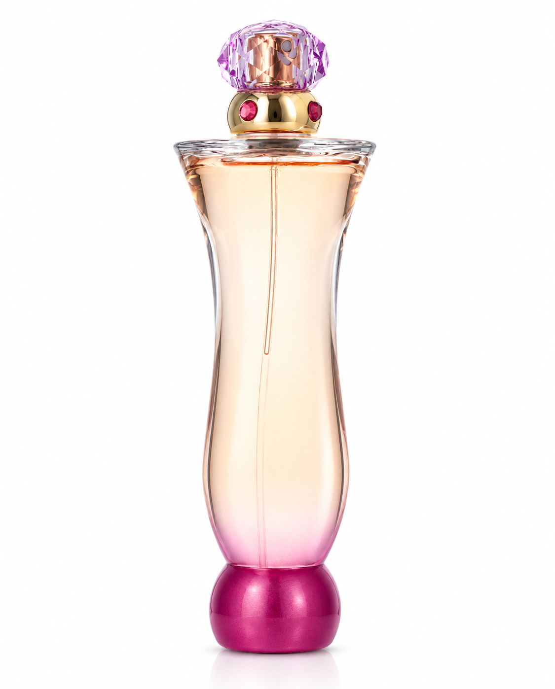 Versace Woman 100ml Eau de Parfum for Women presented in its elegant sculptural bottle with soft peach-pink fragrance tones, a vibrant metallic pink base, polished gold detailing and a faceted pink crystal-style cap, photographed against a clean pure white background.