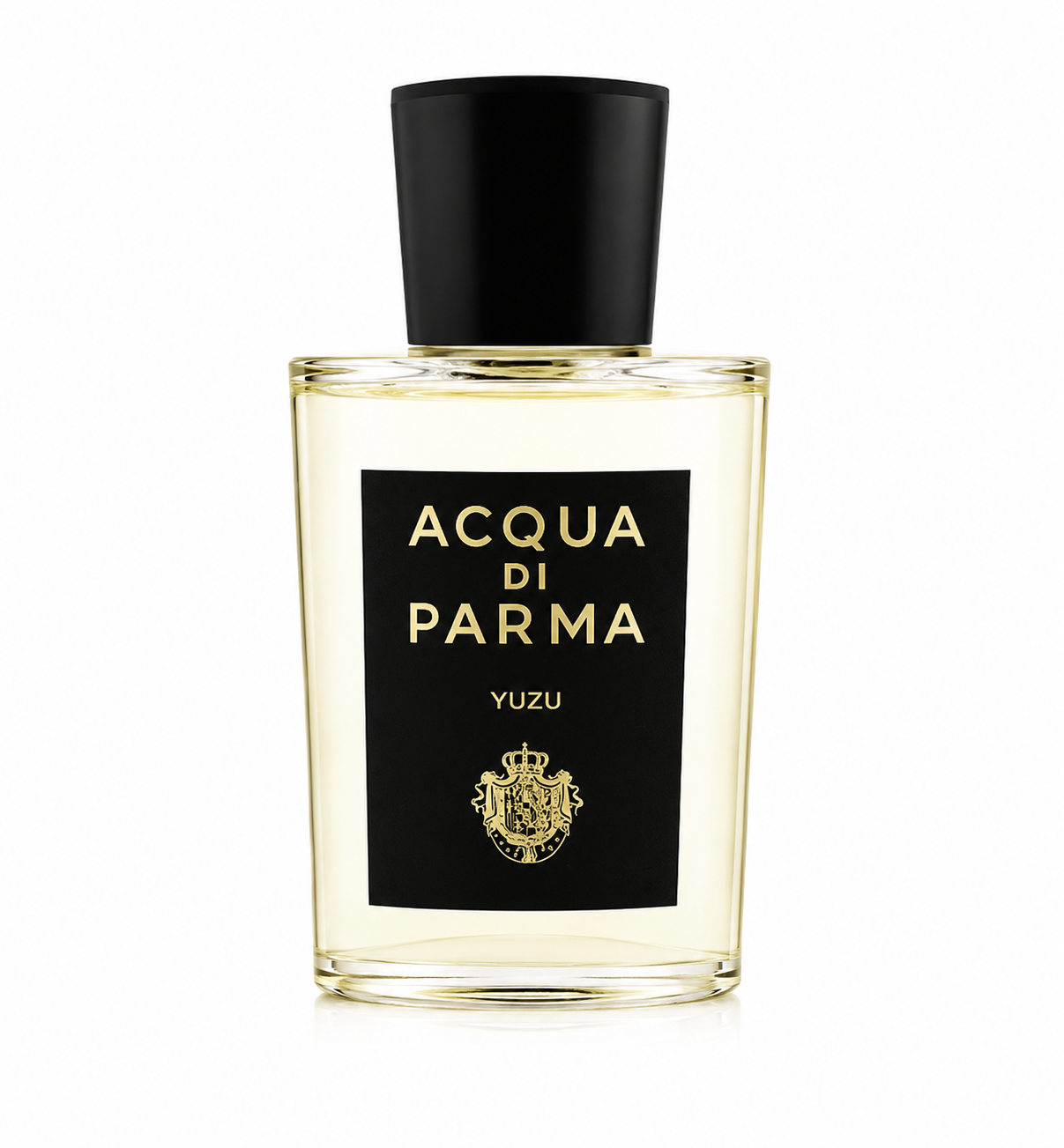Acqua di Parma Signatures of the Sun Yuzu 100ml Eau de Parfum in a clear glass bottle with a black cap, isolated on a pure white background.