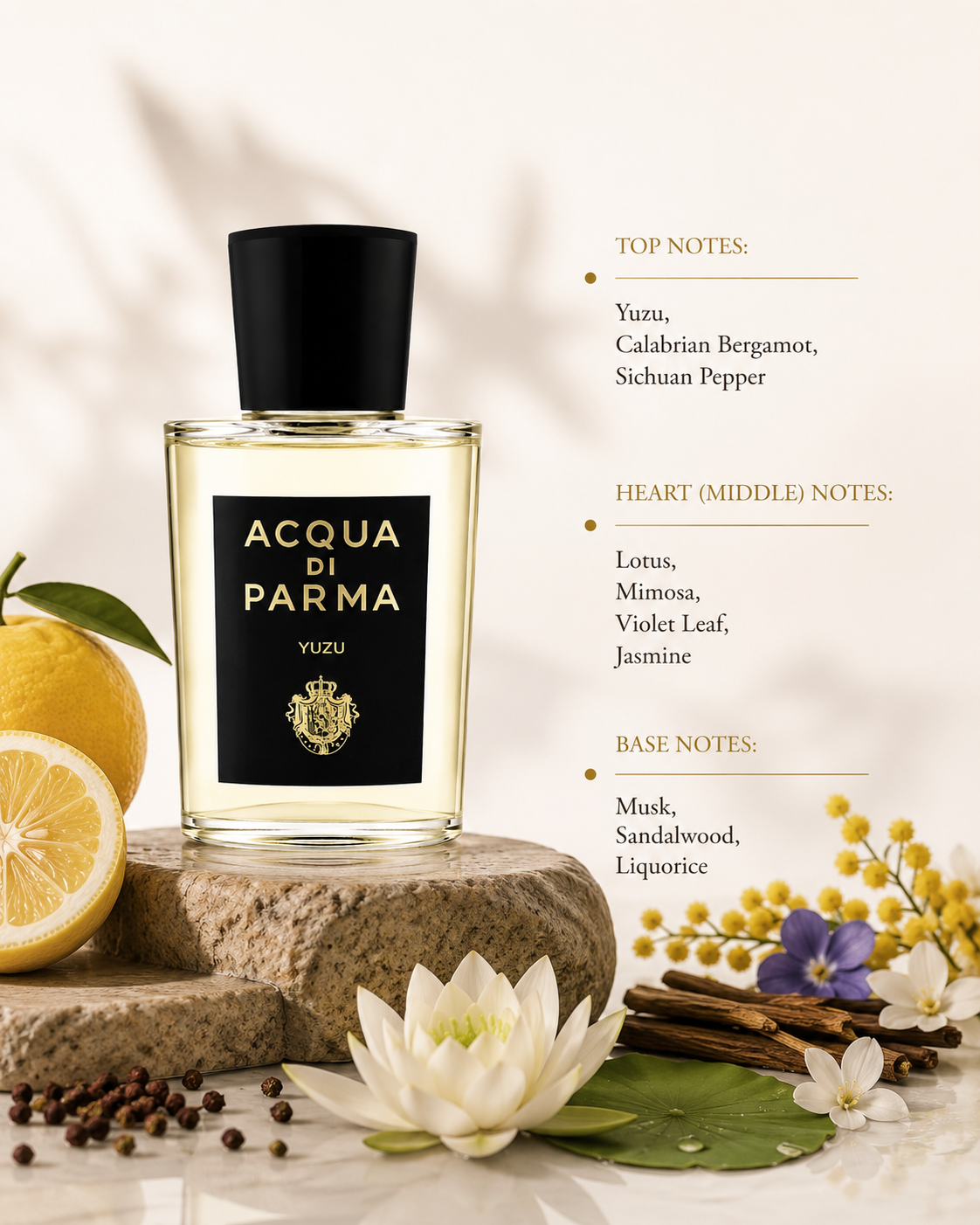 Acqua di Parma Signatures of the Sun Yuzu 100ml Eau de Parfum displayed with yuzu, bergamot, lotus, jasmine, sandalwood and musk, highlighting its fresh citrus floral fragrance.