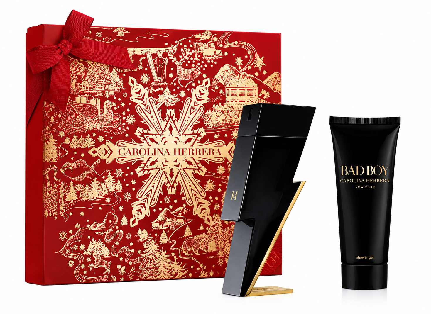 Carolina Herrera Bad Boy Gift Set featuring the iconic black lightning bolt Eau de Toilette bottle with luxurious gold trim, paired with a matching black Bad Boy shower gel tube. Presented alongside an elegant festive Carolina Herrera gift box in rich crimson red with intricate metallic gold holiday illustrations, decorative ribbon, and premium embossed details. Displayed on a pure white background with professional studio lighting.