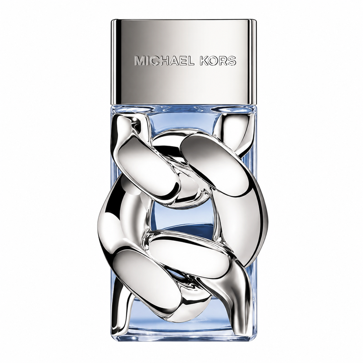 Michael Kors Pour Homme Eau de Parfum presented in its distinctive luxury rectangular glass bottle featuring the iconic polished silver chain wrapped around the front, crystal-clear glass with a subtle ocean-blue fragrance tint, engraved brushed silver cap and flawless pure white background. Premium studio lighting emphasizes the reflective metallic chain, clean architectural lines, crystal-clear glass and sophisticated modern masculine design, creating an elegant high-end e-commerce presentation.