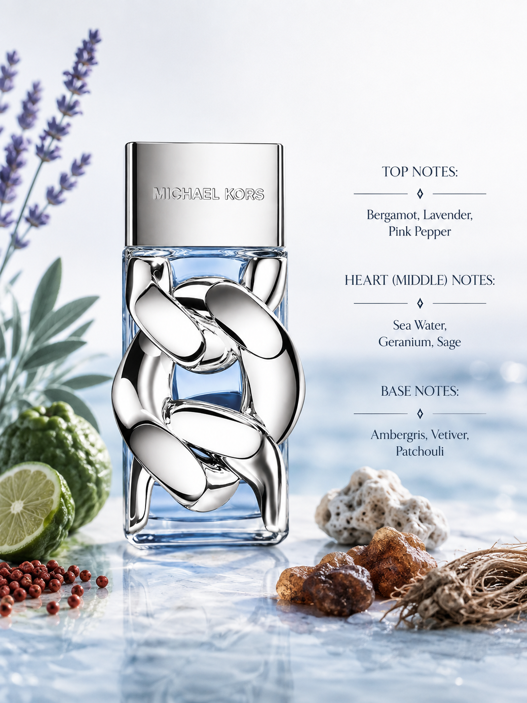 Michael Kors Pour Homme Eau de Parfum displayed in an elegant luxury composition on polished blue-white marble beside a tranquil Mediterranean-inspired seascape. The fragrance is surrounded by fresh bergamot, aromatic lavender sprigs, pink peppercorns, mineral sea stones, sea-inspired elements, fresh geranium leaves, sage, warm ambergris resin, earthy vetiver roots and patchouli. 