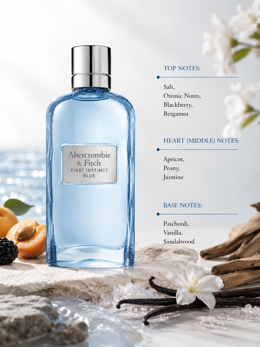 Abercrombie & Fitch First Instinct Blue 100ml EDP for Women displayed with apricot, blackberry, vanilla, sandalwood and sea salt, highlighting its fresh floral fruity fragrance.