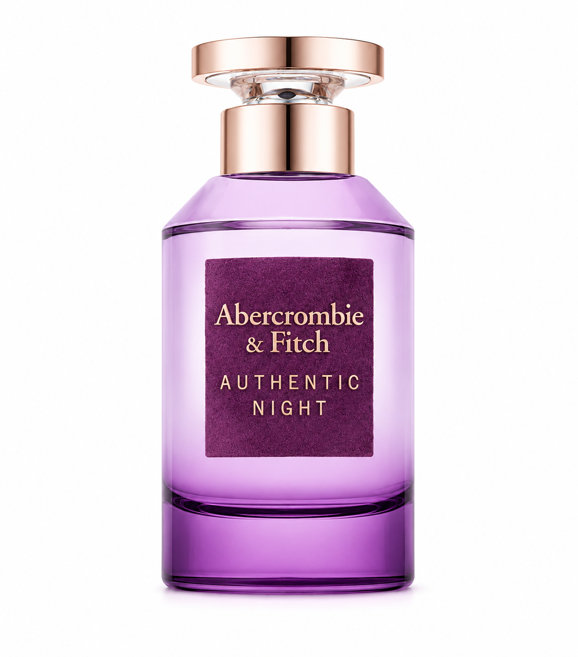 Abercrombie & Fitch Authentic Night Woman Eau de Parfum 100ml perfume bottle with elegant purple glass and rose gold cap, front view on a white background