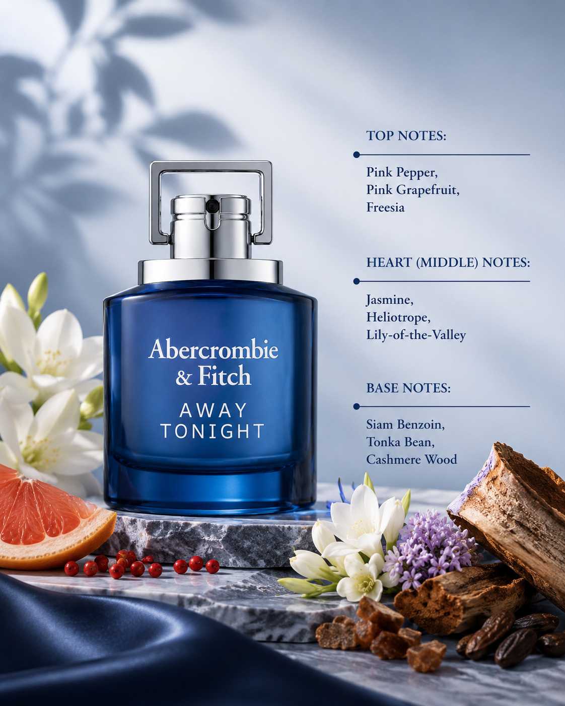 Abercrombie & Fitch Away Tonight 100ml EDT for Women displayed with pink grapefruit, pink pepper, freesia, jasmine, cashmere wood and tonka bean, highlighting its fresh floral woody fragrance.