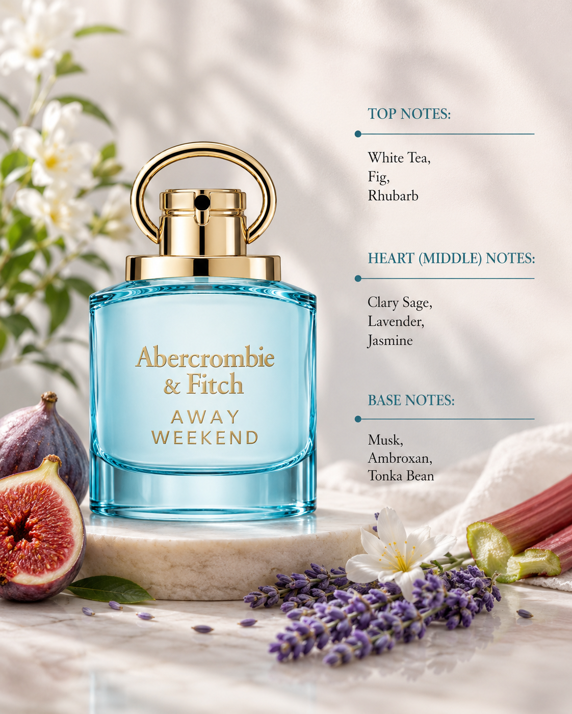 Abercrombie & Fitch Away Weekend 100ml EDP for Women displayed with white tea, fig, rhubarb, lavender, jasmine and tonka bean, highlighting its fresh floral fragrance.