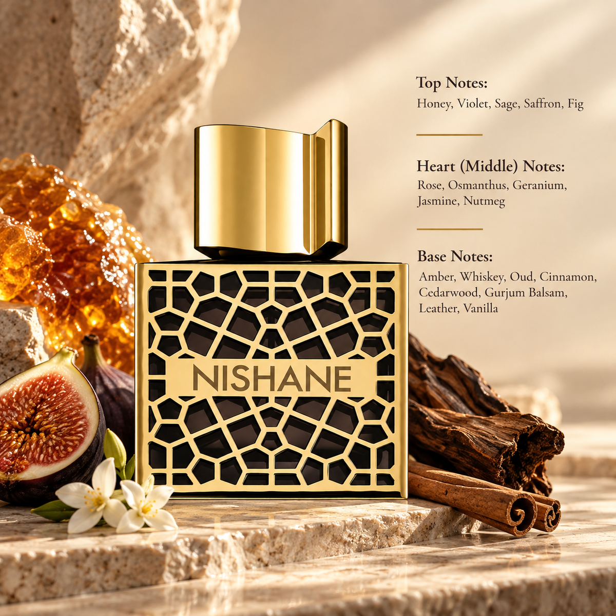 Nishane Nefs 50ml Extrait de Parfum displayed in an opulent warm composition inspired by its rich fragrance profile, featuring honey, fig, violet, saffron, rose, osmanthus, jasmine, amber, oud, whiskey, cinnamon, cedarwood, leather and vanilla, reflecting its deep, sophisticated and luxurious unisex character.