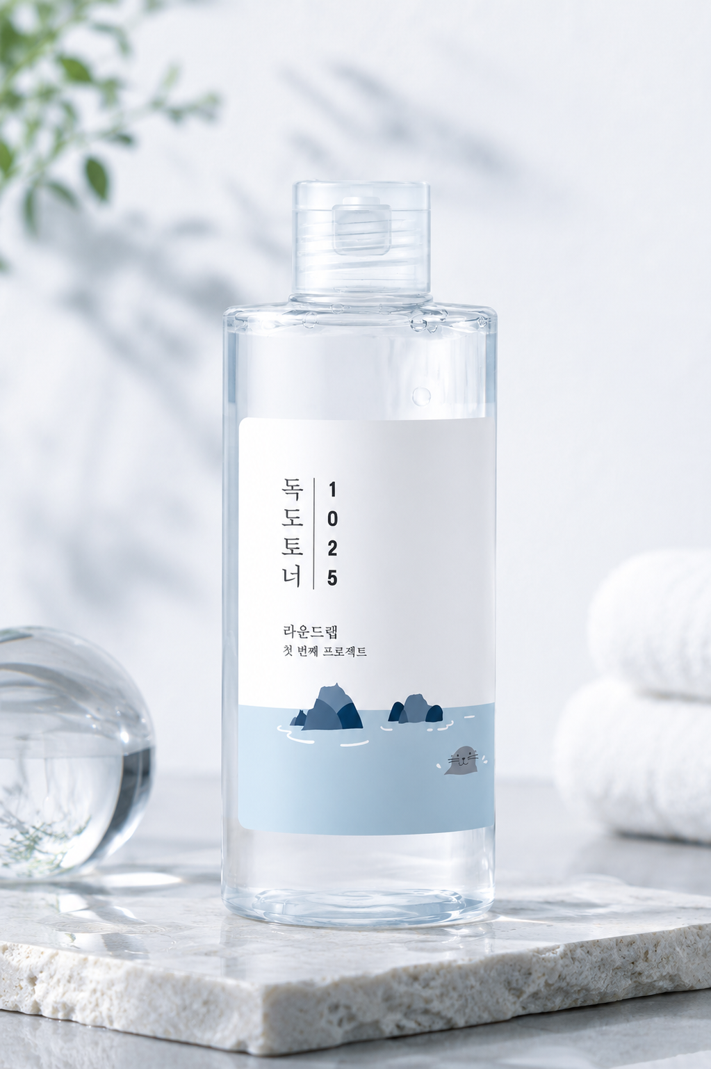 ROUND LAB 1025 Dokdo Toner 200ml elegantly displayed on a natural stone tray in a bright minimalist skincare setting with soft daylight, crystal-clear glass décor, subtle botanical accents, delicate water reflections and plush white towels, highlighting its refreshing watery texture, mineral-rich deep sea water formula and clean Korean skincare aesthetic for hydrated, calm and radiant skin.